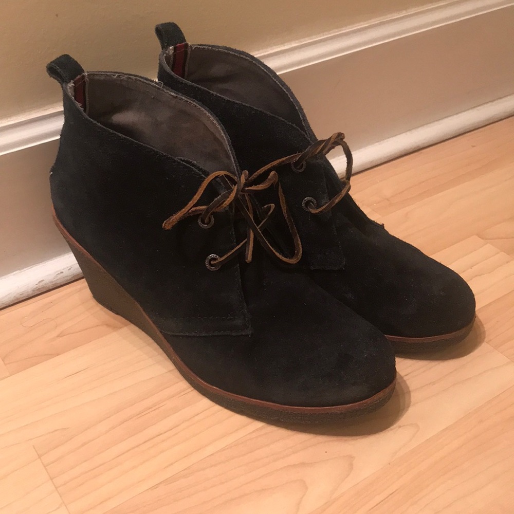 Sperry top slider navy leather wedge booties